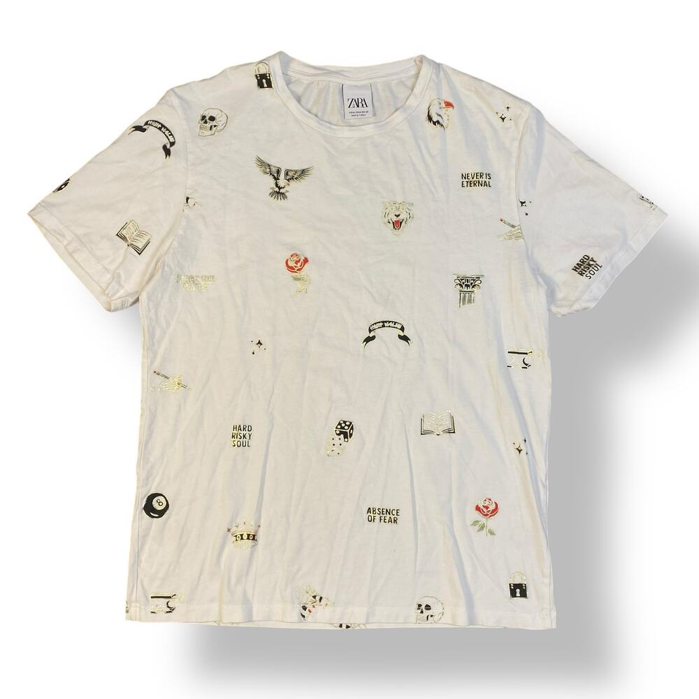 Zara Man White Graphic Tee Tattoo Skull Rose Dice‎ Eagle Punk Streetwear Size L